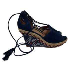 Cabi Isla Wedge Lace-up Espadrille Navy Suede Aztec Sandals Boho Gypsy Size 8